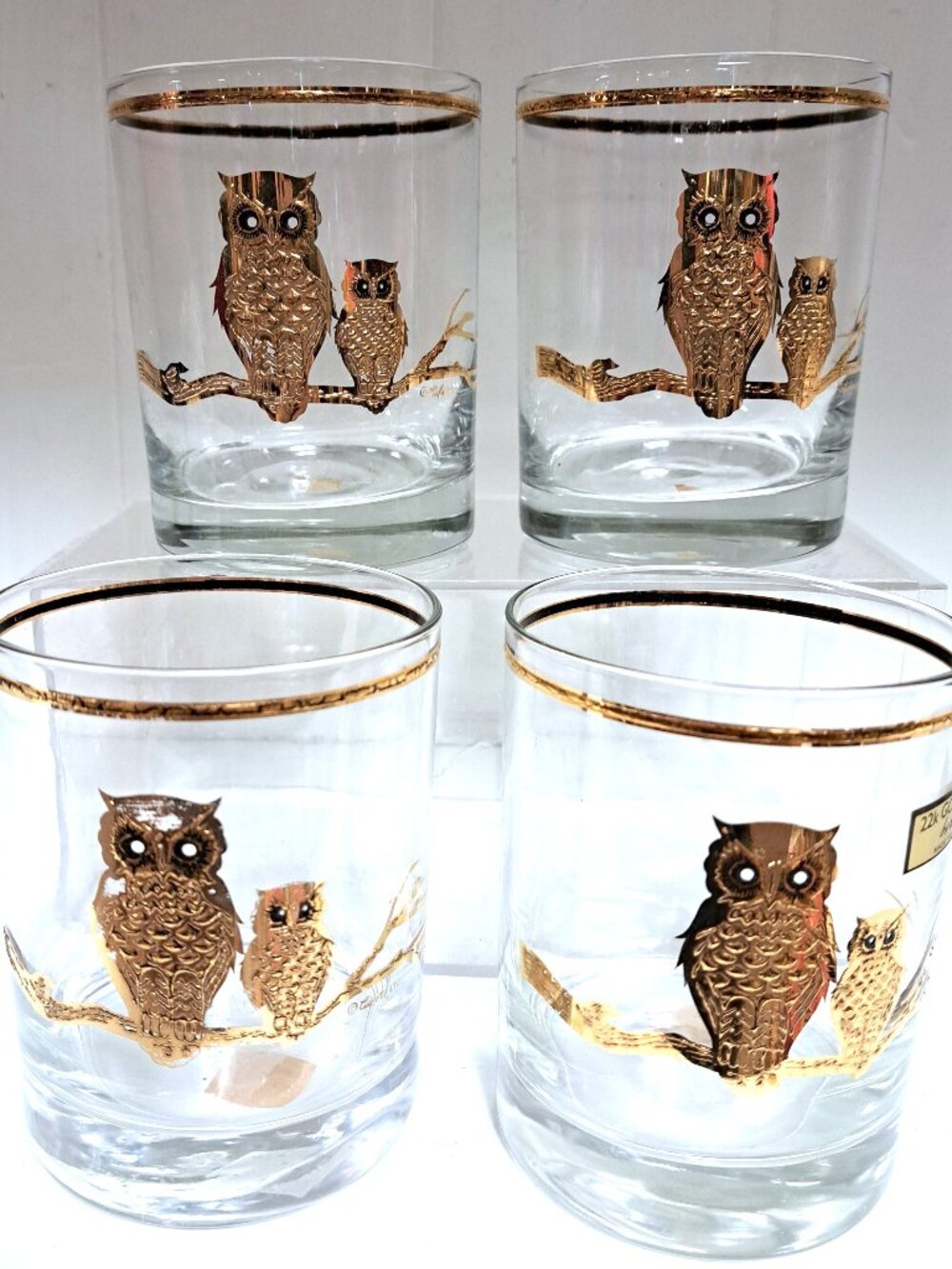 4 OWL LOW BALL GLASSES BY CULVER 22 KT GOLD DESIGN CLEAR GLASS BAR WARE